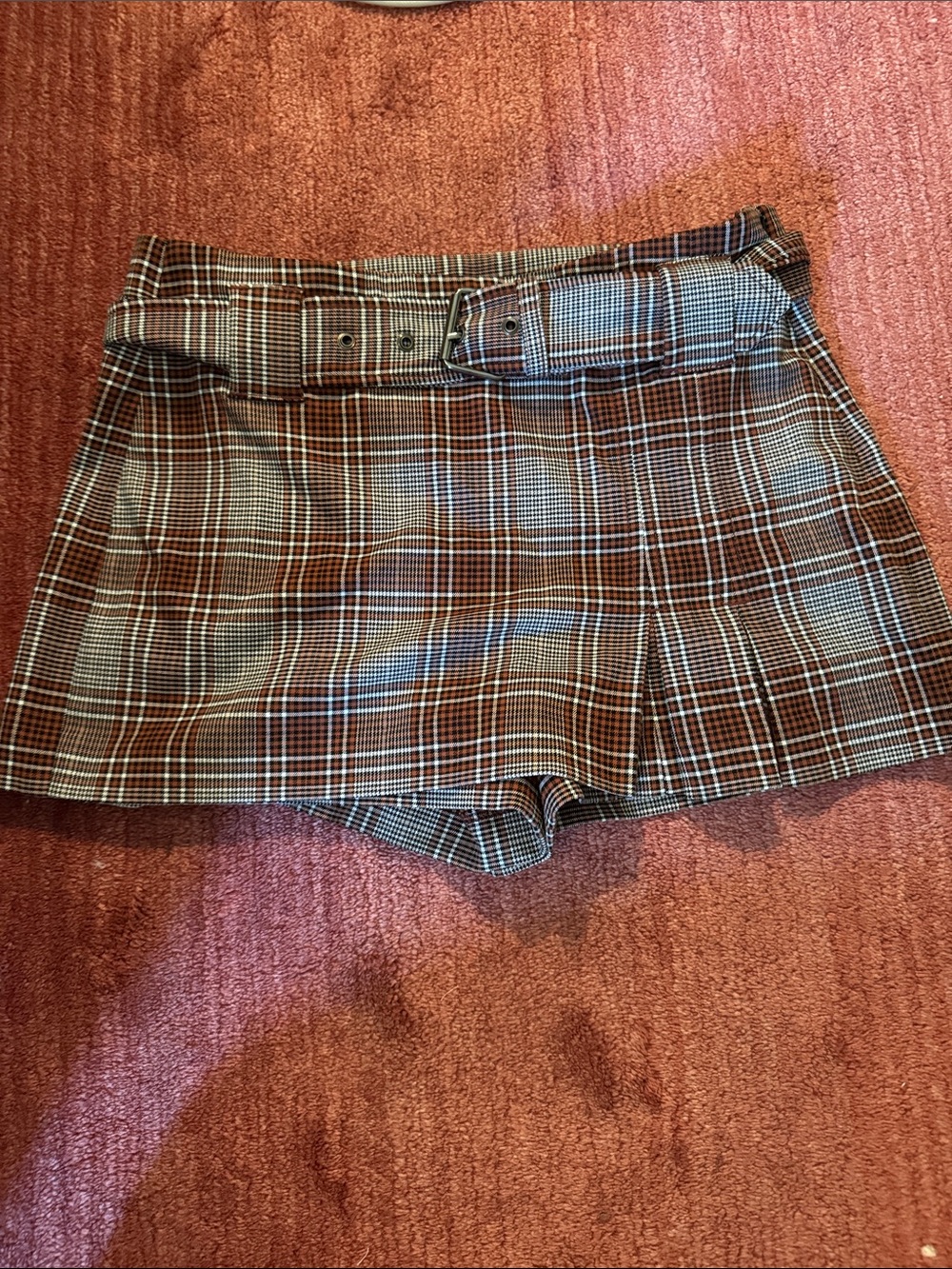 Free People Brown Plaid Belted Skort Shorts